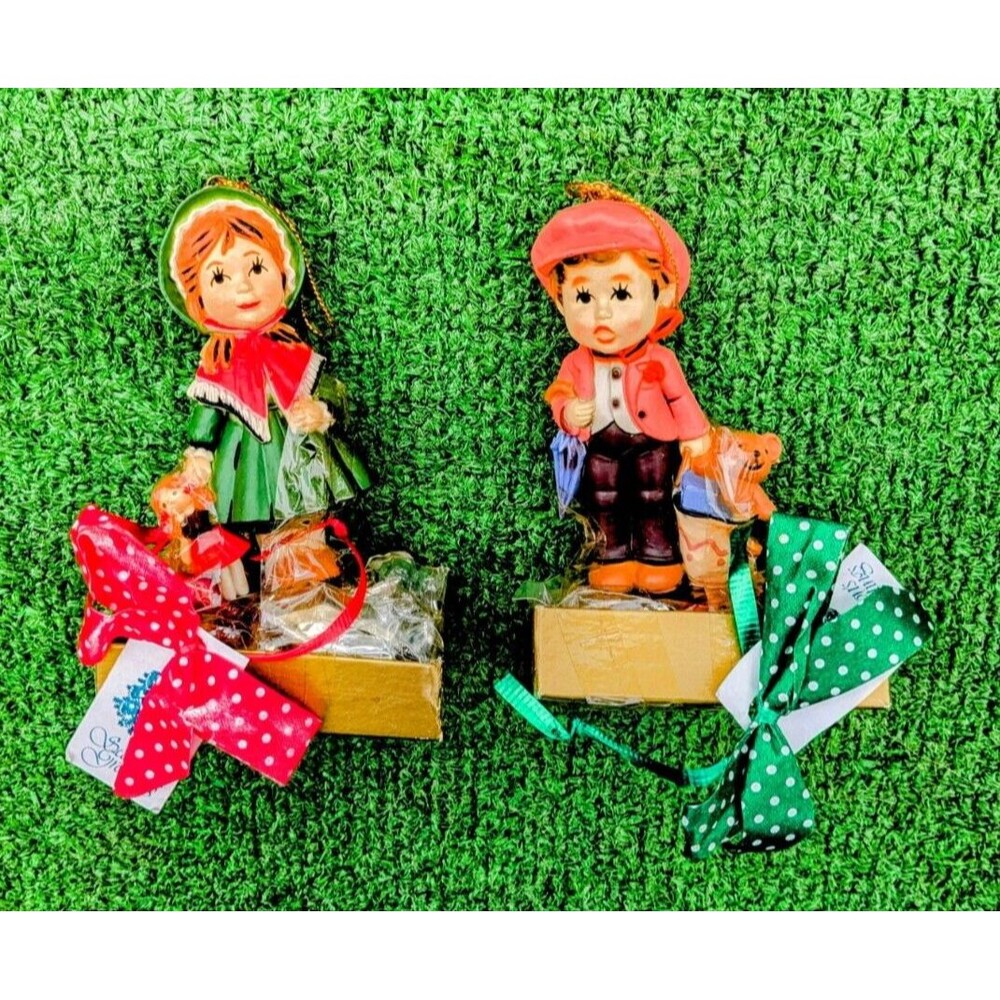 1980s VTG Christmas Holiday Stichler Boy & Girl Candy+Hanging Ornaments 2-pc Set
